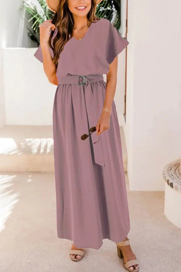 V Neck Belted Maxi Dress - Fashionpara