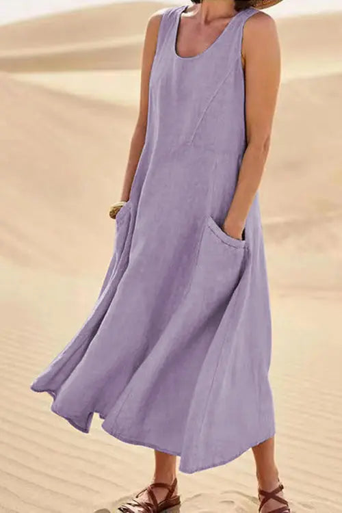 O Neck Pocket Sleeveless Maxi Dress - Fashionpara