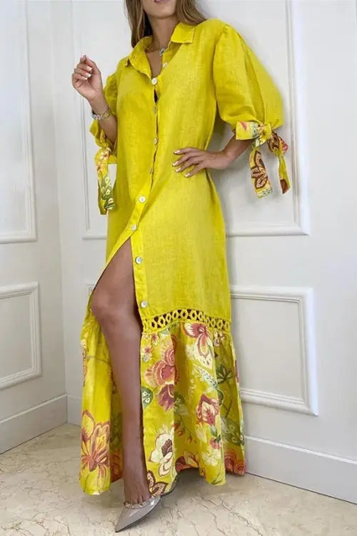 Tie Long Sleeve Button Maxi Dress - Fashionpara