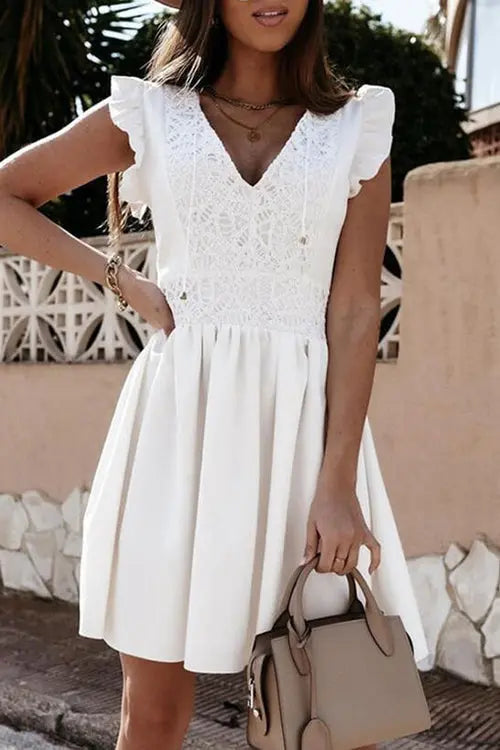 Come To Me At Night Ruffles V Neck Dress - Fashionpara