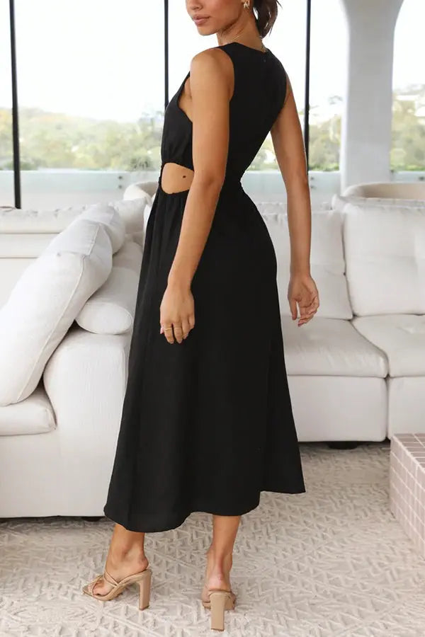 Cut Out Waist Sleeveless Slit Maxi Dress - Fashionpara