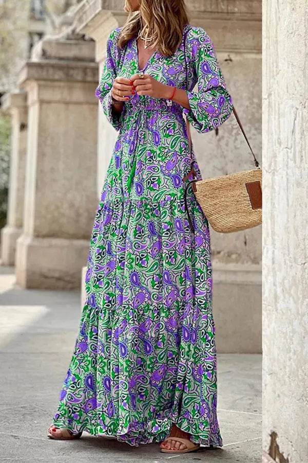 Boho Paisley V Neck Long Sleeve Maxi Dress - Fashionpara