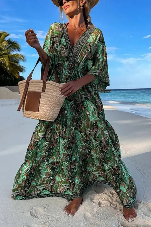 Paisley Print V Neck Bat Sleeve Maxi Dress - Fashionpara