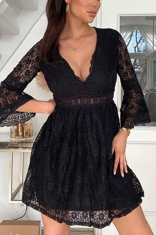 See Though Flares Sleeve V Neck Mini Dress - Fashionpara