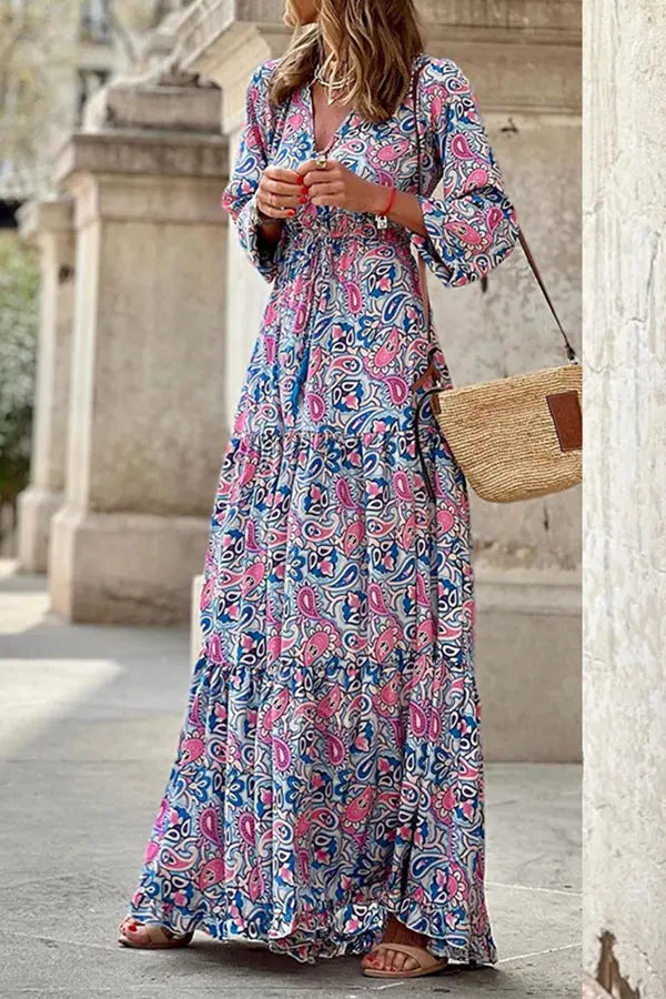 Boho Paisley V Neck Long Sleeve Maxi Dress - Fashionpara