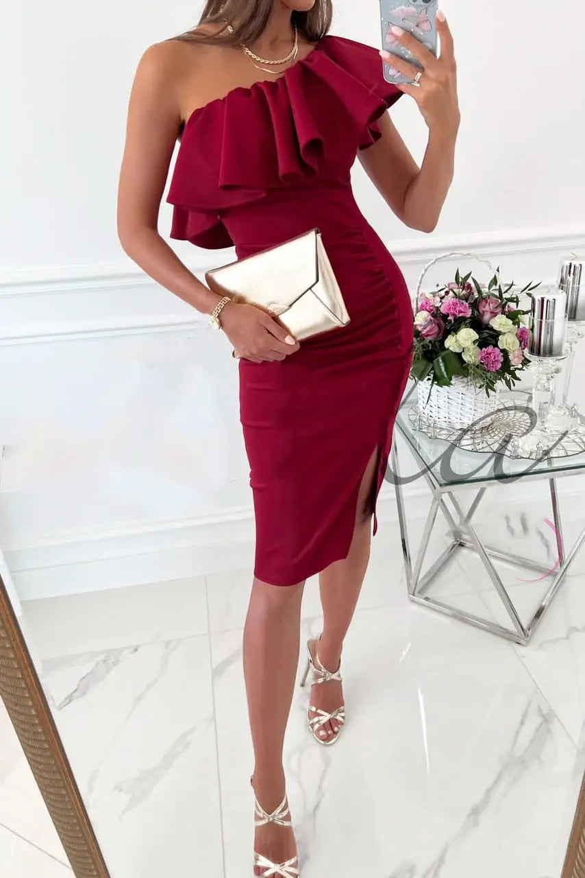 Ruffles One Shoulder Ruched Slit Dress - Fashionpara