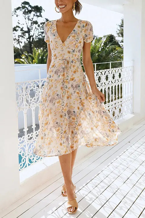 Floral Print V Neck Midi Dress - Fashionpara