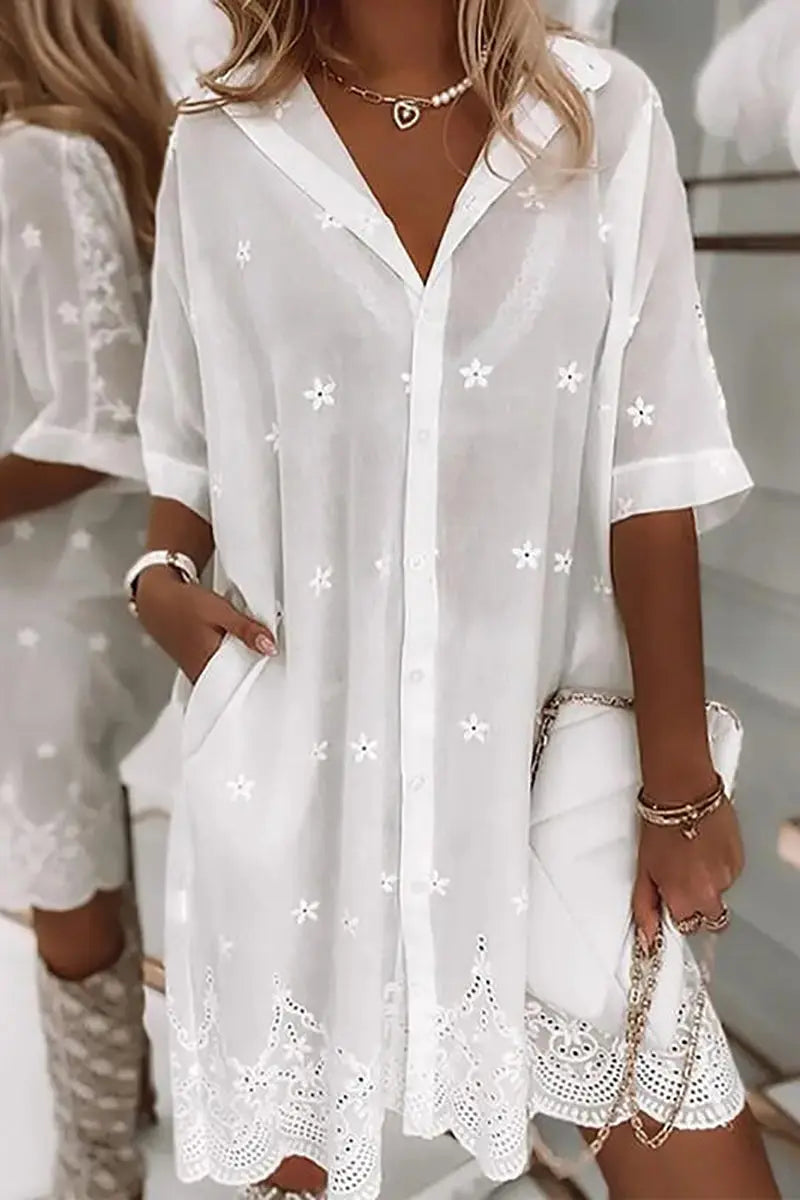 Hollow Pockets Button Half Sleeve Shirt Dress - Fashionpara