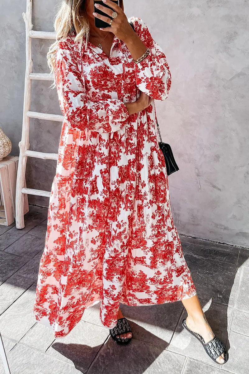 Floral V Neck Long Sleeve Maxi Dress - Fashionpara