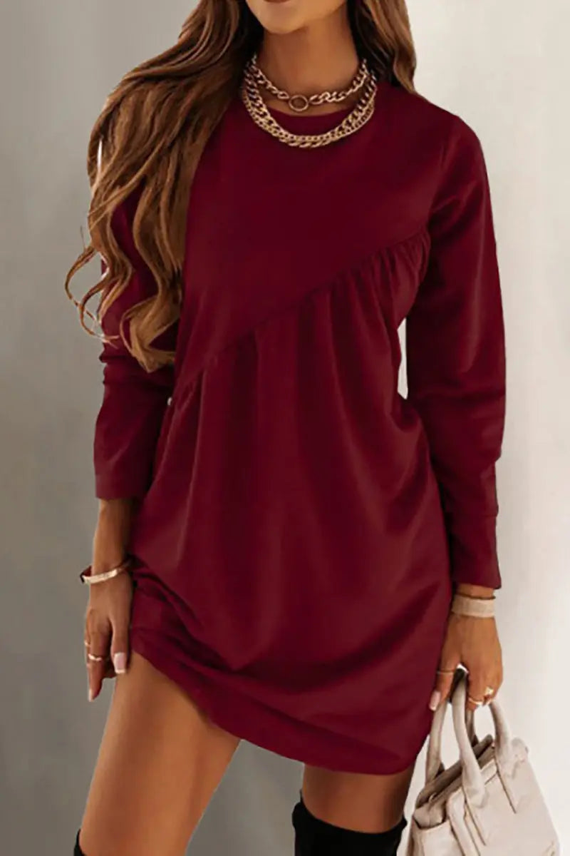 O Neck Long Sleeve Babydoll Tunic Dress - Fashionpara