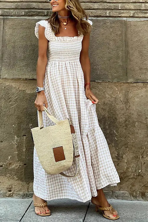Plaid Ruffles Smocked Maxi Dress - Fashionpara