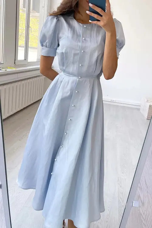 Pearl Button O Neck Shirt Maxi Dress - Fashionpara