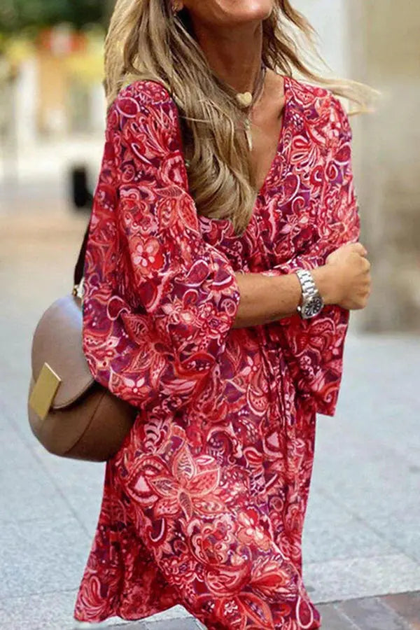 Floral V Neck Mini Dress - Fashionpara