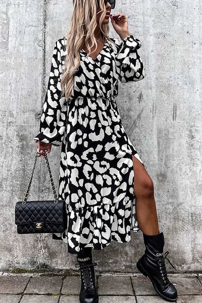 Leopard Long Sleeve Slit Midi Dress - Fashionpara
