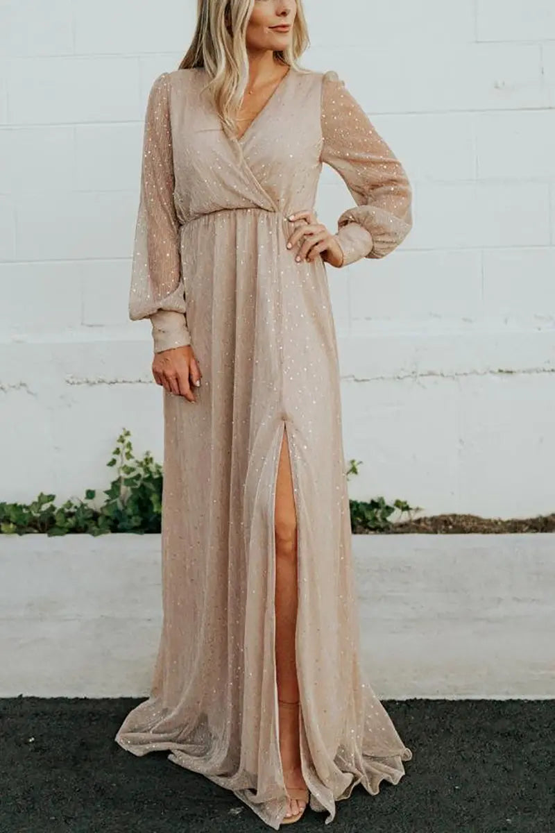 Sparkle Puff Long Sleeve Slit Maxi Dress - Fashionpara