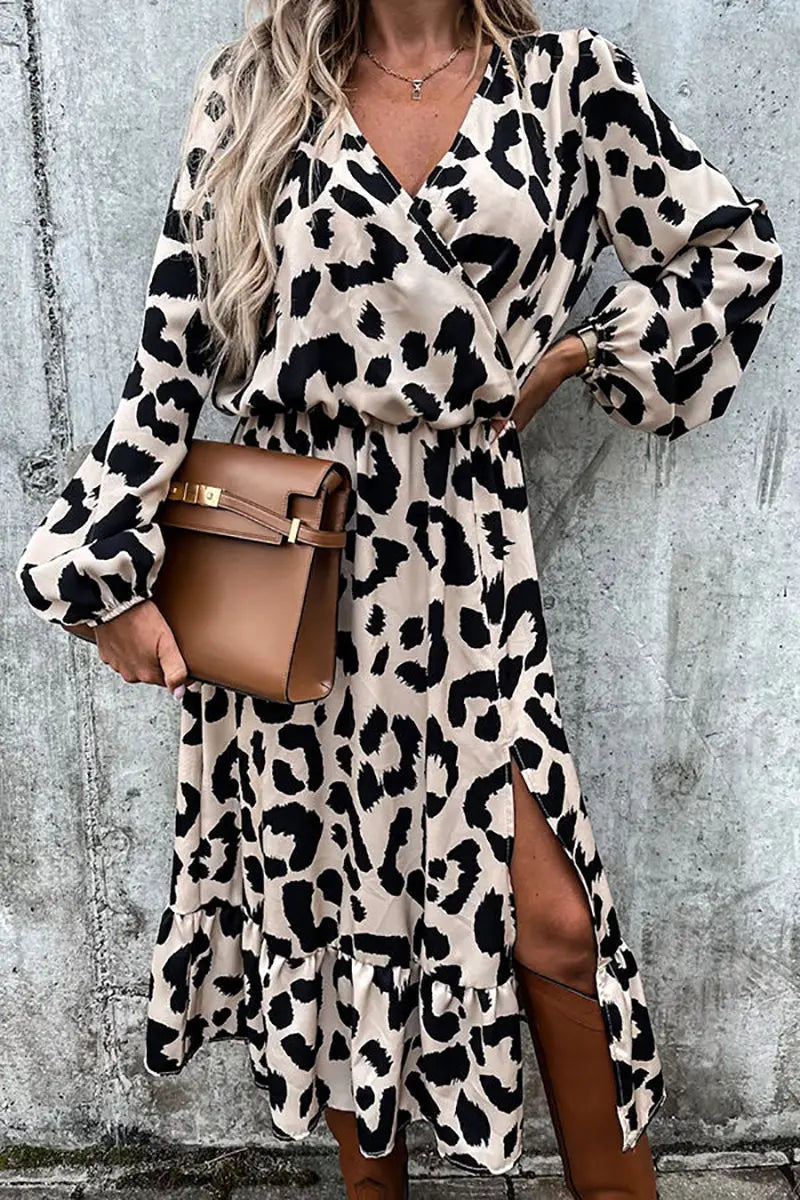 Leopard Long Sleeve Slit Midi Dress - Fashionpara