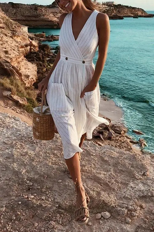 Pockets Button V Neck Midi Desss - Fashionpara