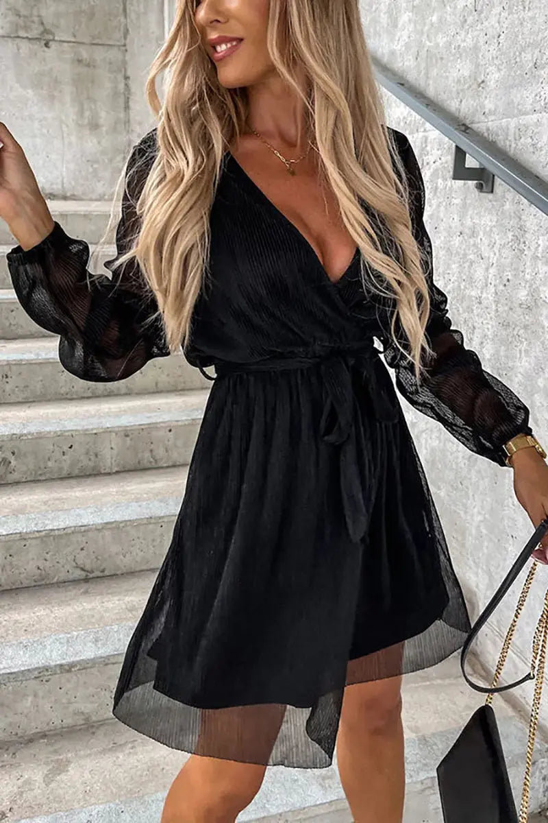 Pleated Long Sleeve Wrap Mini Dress - Fashionpara