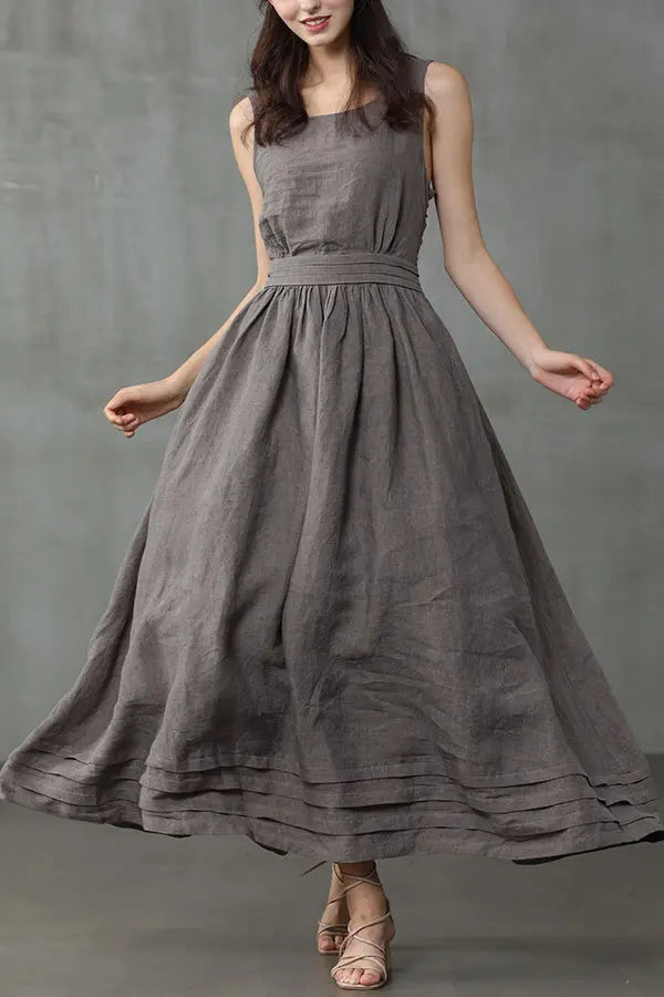 Cross Back O Neck Maxi Linen Dress - Fashionpara