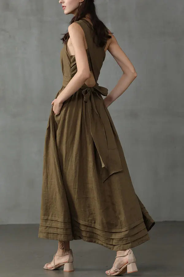 Cross Back O Neck Maxi Linen Dress Fashionpara