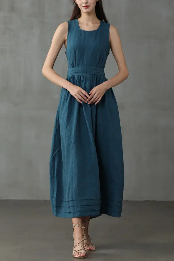 Cross Back O Neck Maxi Linen Dress - Fashionpara