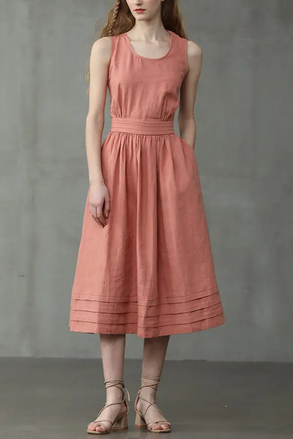 Cross Back O Neck Maxi Linen Dress - Fashionpara