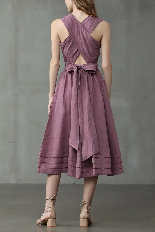 Cross Back O Neck Maxi Linen Dress - Fashionpara