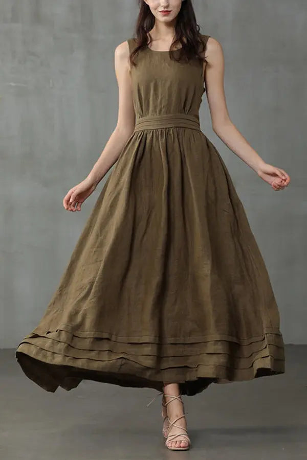 Cross Back O Neck Maxi Linen Dress - Fashionpara