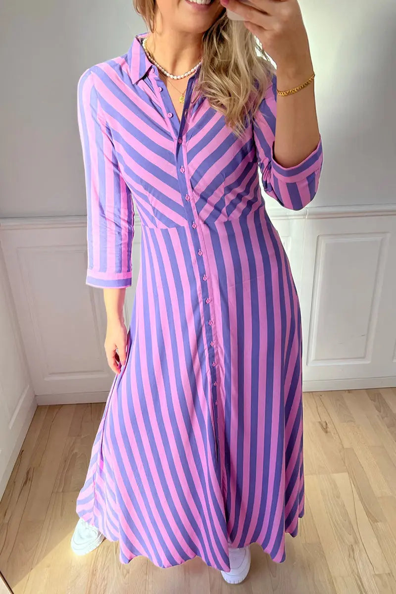 Stripe Long Sleeve Button Maxi Shirt Dress - Fashionpara