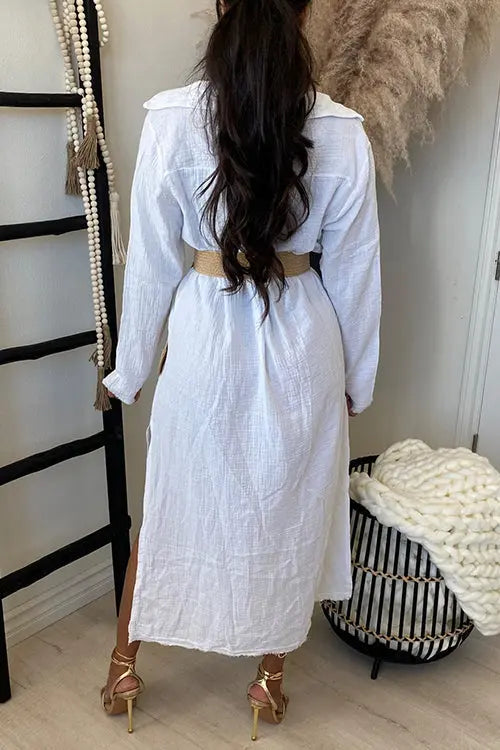 Button Henley Tunic Slit Midi Dress - Fashionpara