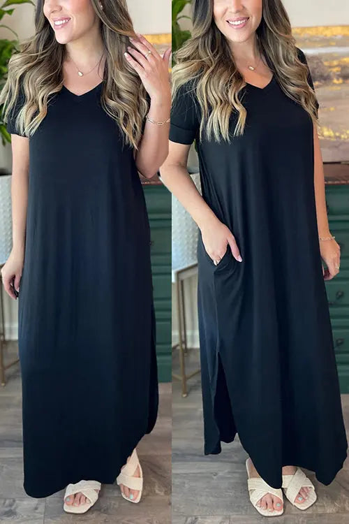 V Neck Side Slit Maxi Dress - Fashionpara