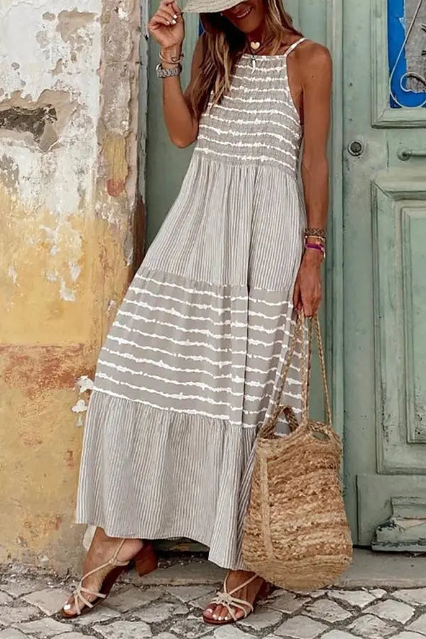 Stripe Patchwork Halter Neck Maxi Dress - Fashionpara