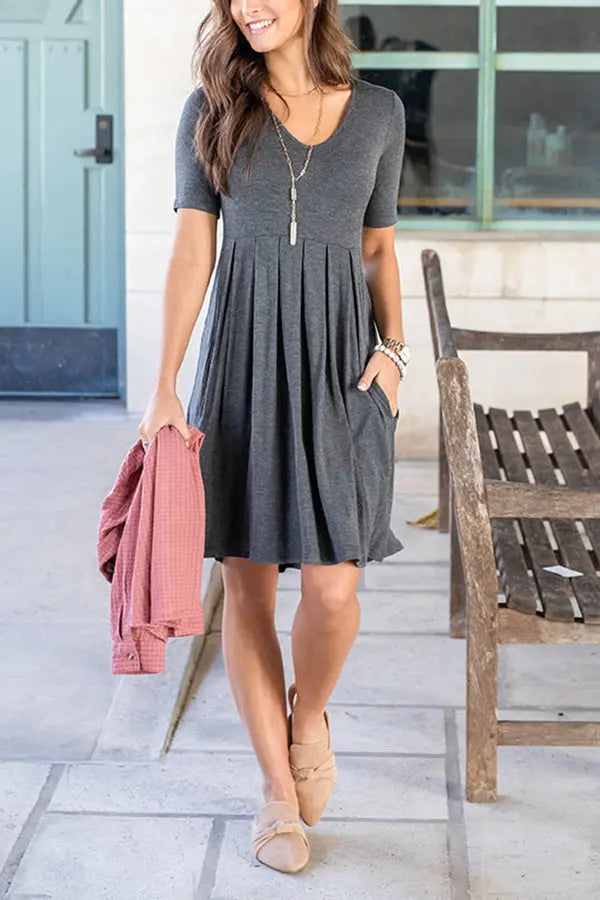 Solid Pleated Waist Short Sleeve Dress - Fashionpara