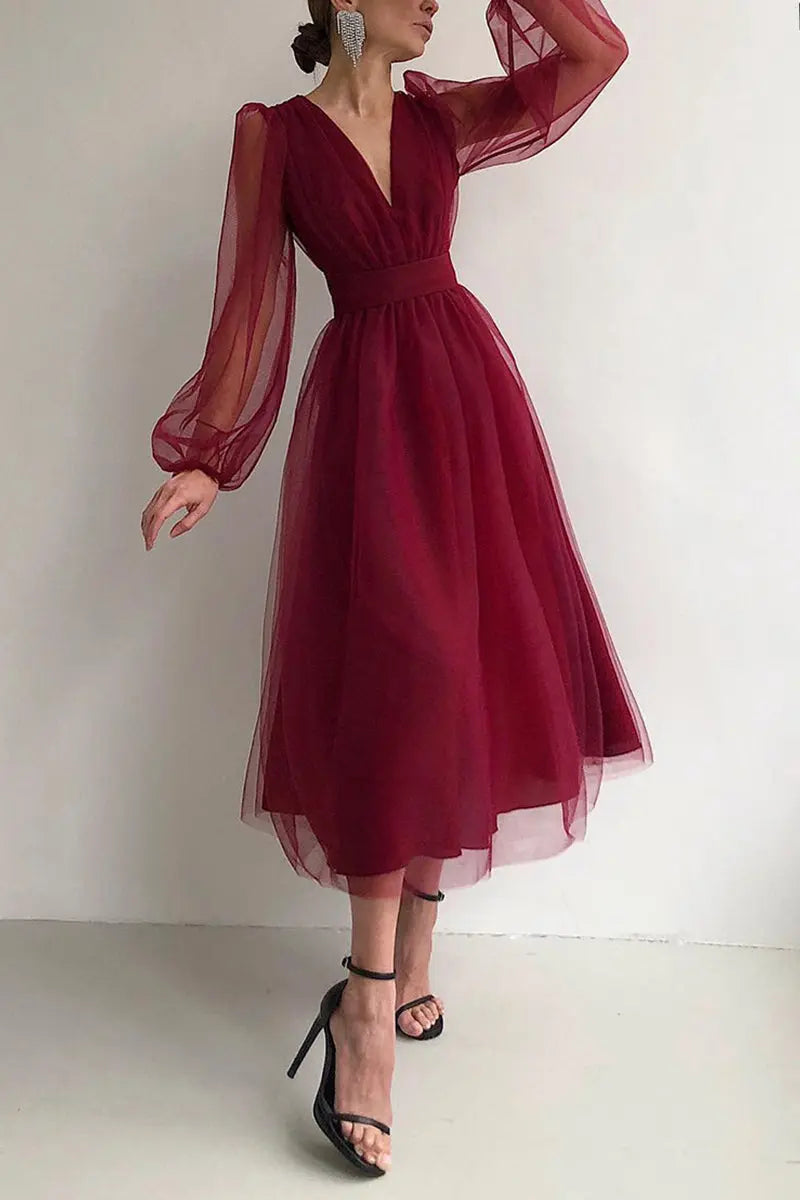 V Neck Tulle Long Sleeve Midi Dress - Fashionpara