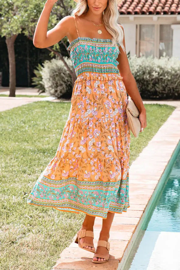 Floral Color Block Slip Midi Dress - Fashionpara