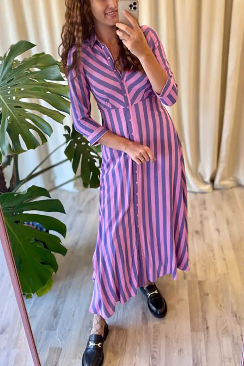 Stripe Long Sleeve Button Maxi Shirt Dress - Fashionpara