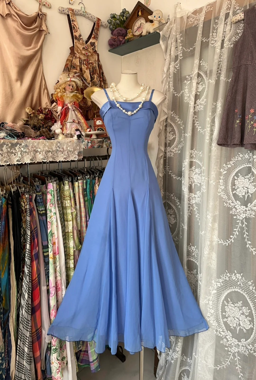 Blue Spaghetti Straps Ankle Length Prom Dress Sleeveless Evening Party Dress - FashionDia