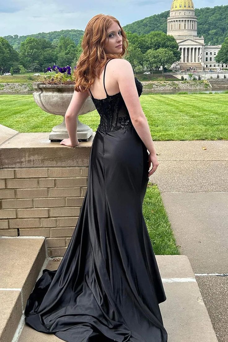 Spaghetti Straps Appliques Satin High Slit Party Prom Formal Evening Dress - View 10 | FashionDia