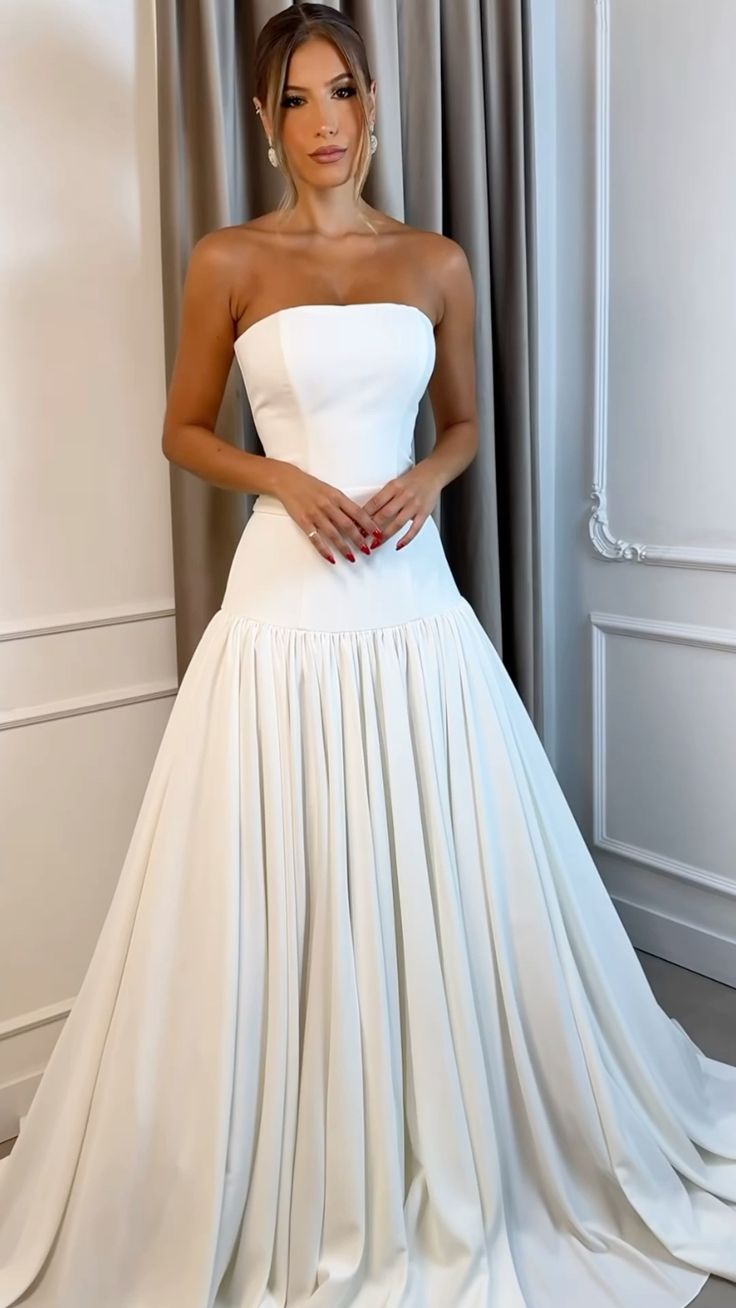 A-Line White Strapless Satin Elegant Wedding Dresses Princess Bridal Gown - FashionDia