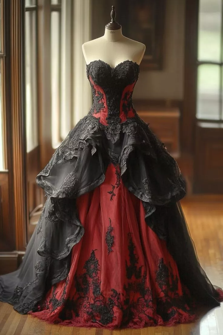 Ball Gown Black Red Corset Applique Lace Ruffle Evening Dress - FashionDia