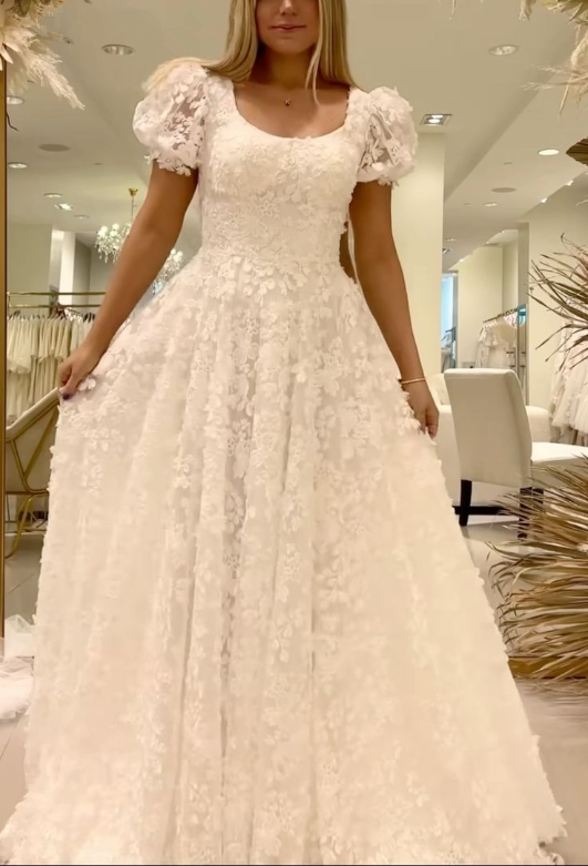 A-Line Long Lace Prom Dress Wedding Dress Unique Bridal Gown - FashionDia