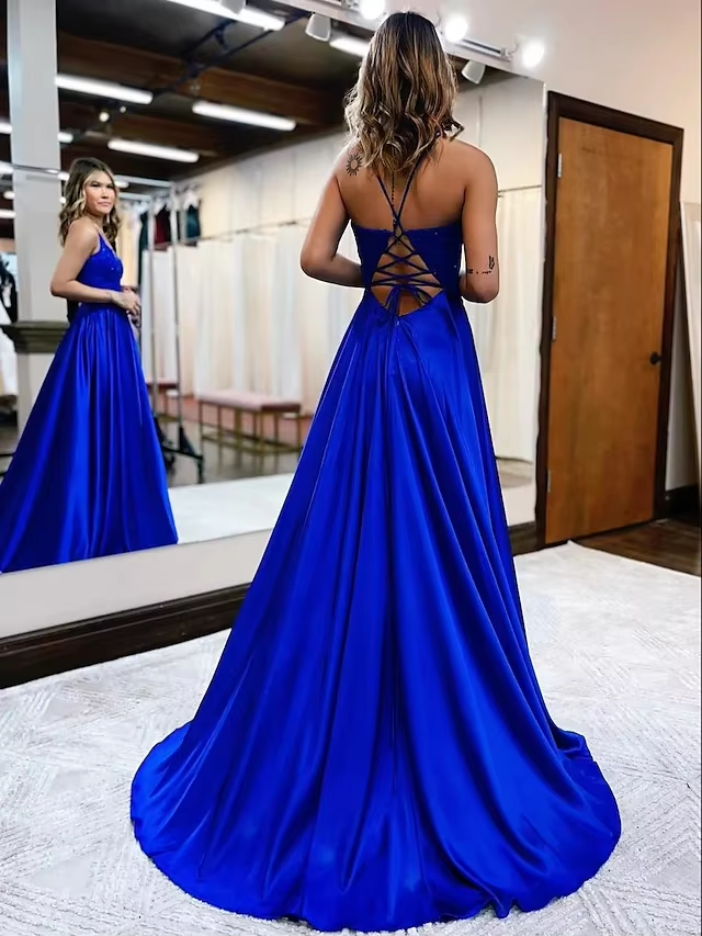Elegant long a-line satin prom dresses v-neck split formal gown with lace appliques