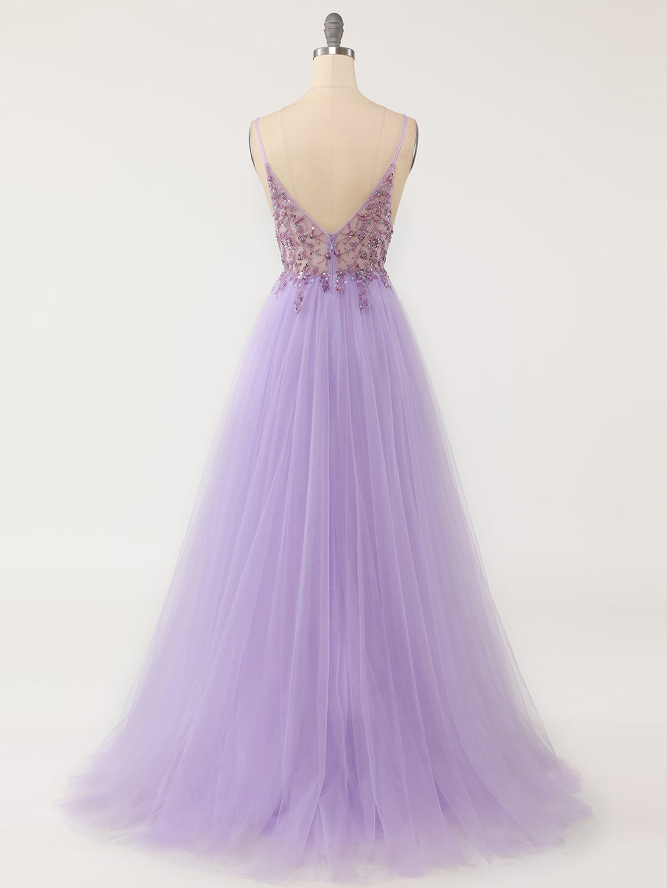 A Line Grey Blue Glitter Tulle Long Prom Dress - Fashionpara