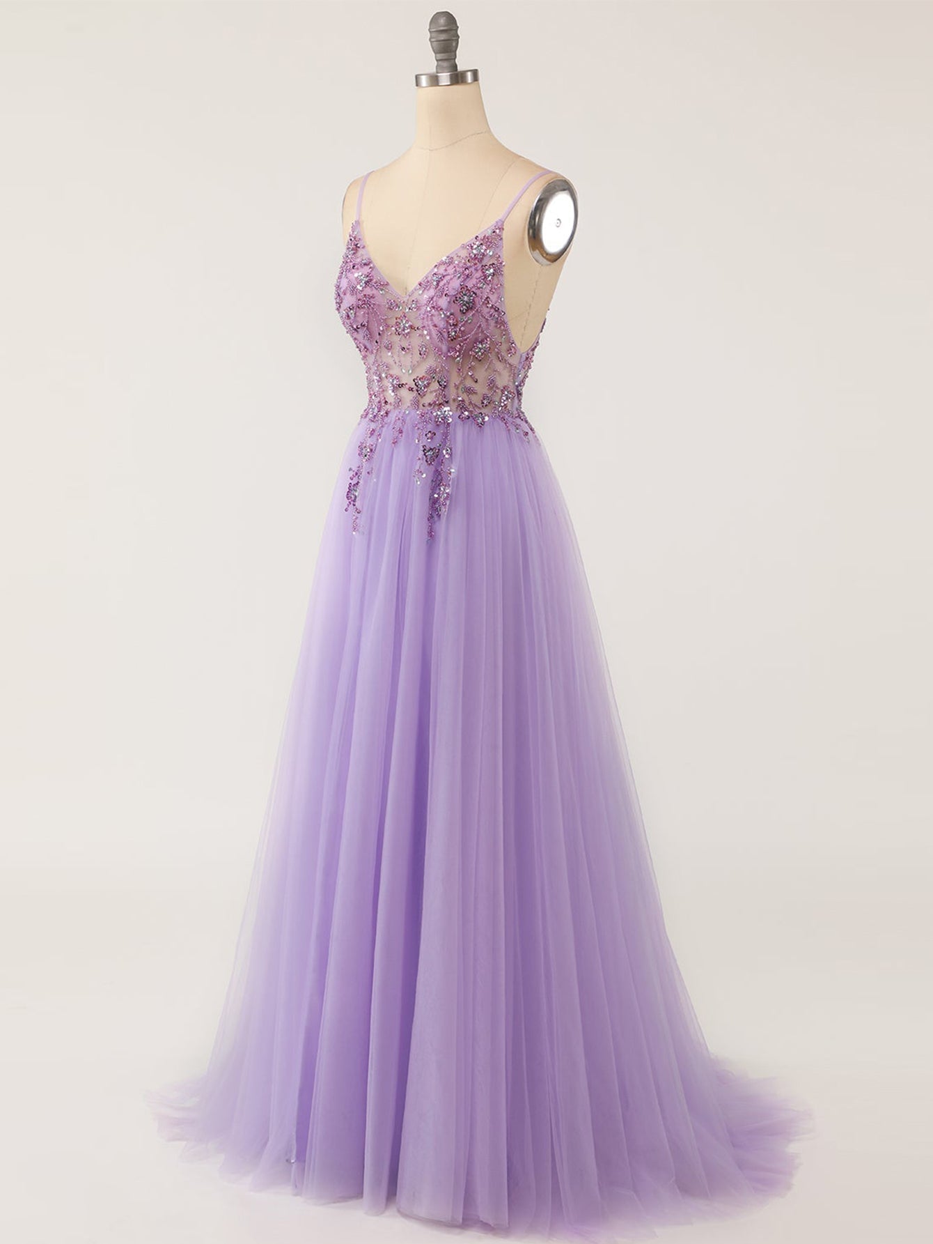 A Line Grey Blue Glitter Tulle Long Prom Dress - Fashionpara