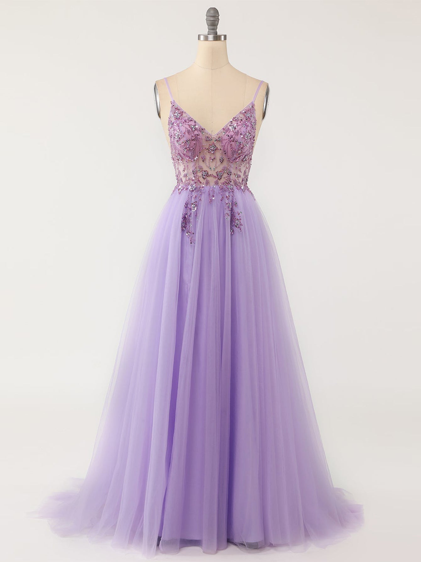 A Line Grey Glitter Tulle Long Prom Dress - Fashionpara