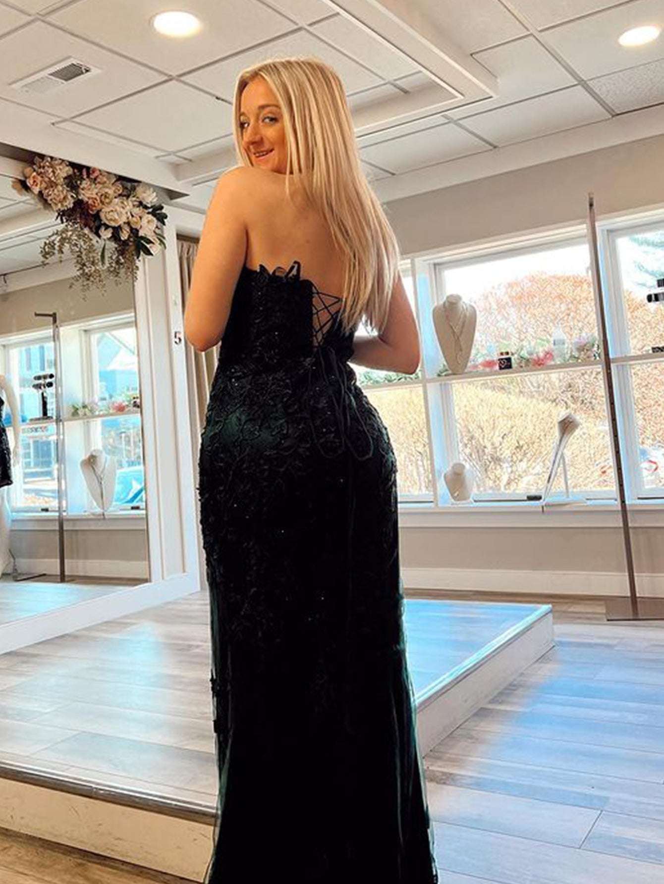 Pink Strapless Floral Long Prom Dress with Split - Fashionpara