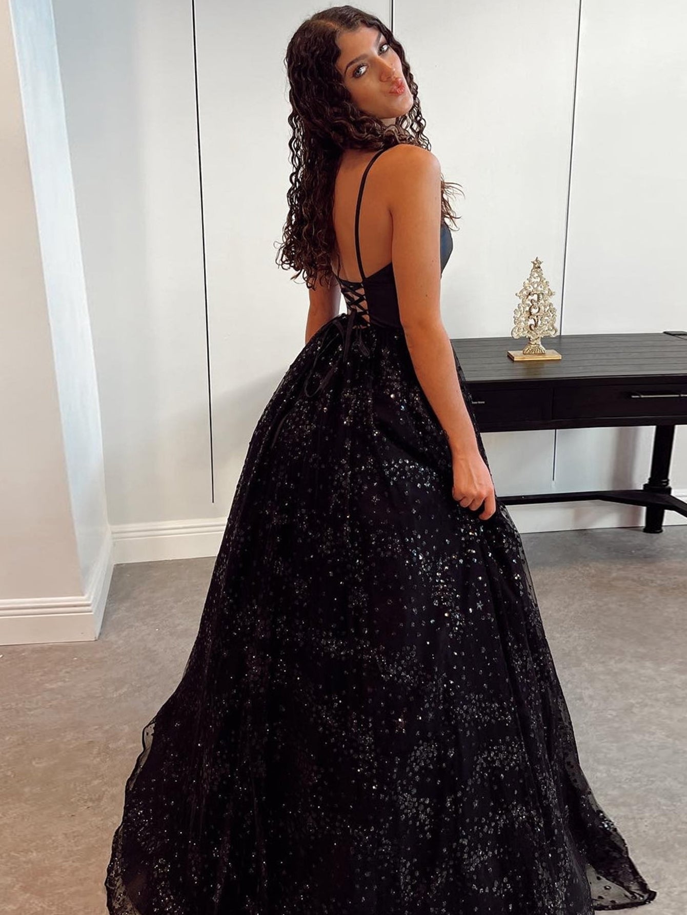 Black V Neck Glitter Tulle Long Prom Dress - Fashionpara
