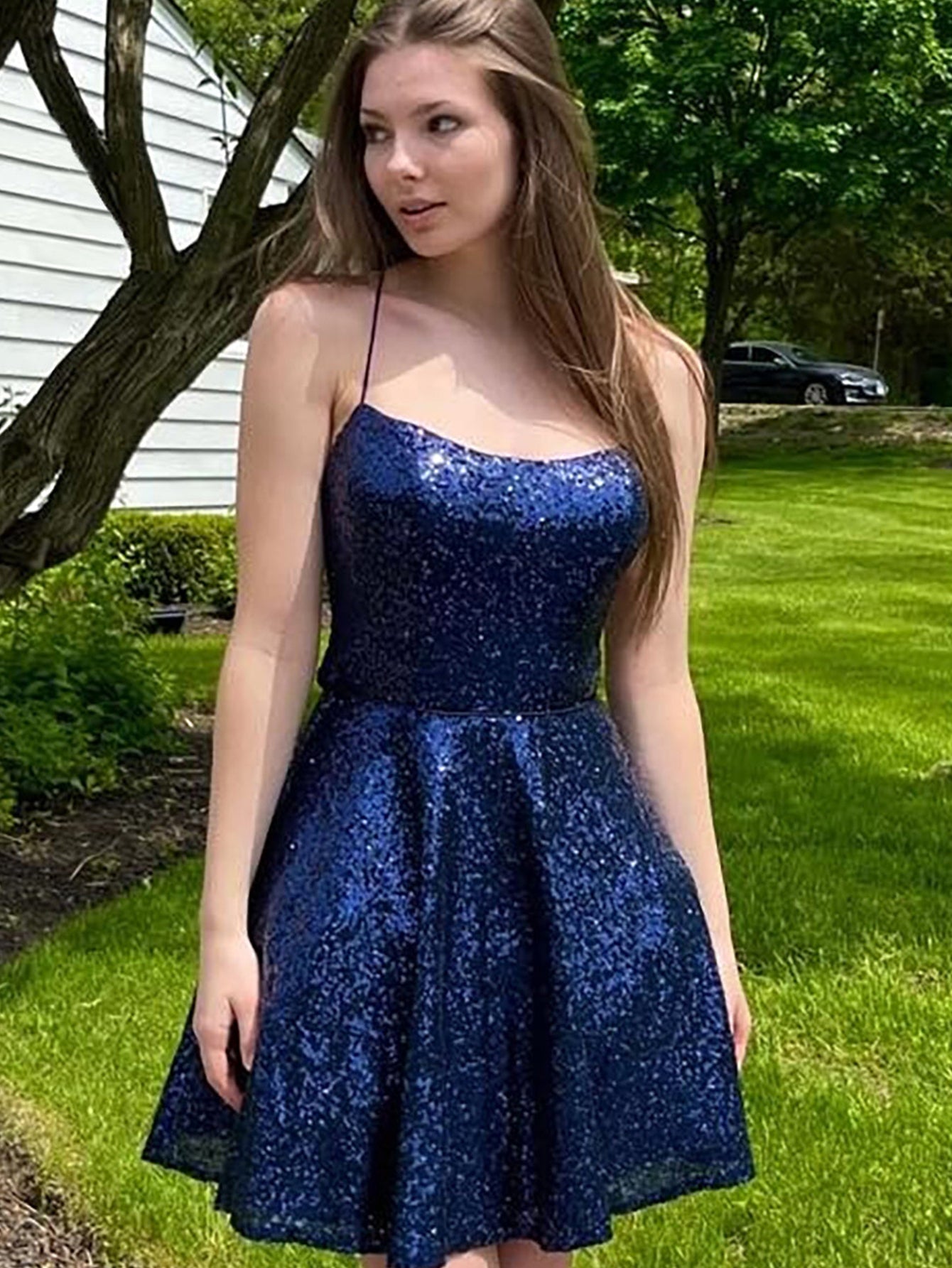 Sequins A Line Halter Blue Short Homecoming Dress - Fashionpara