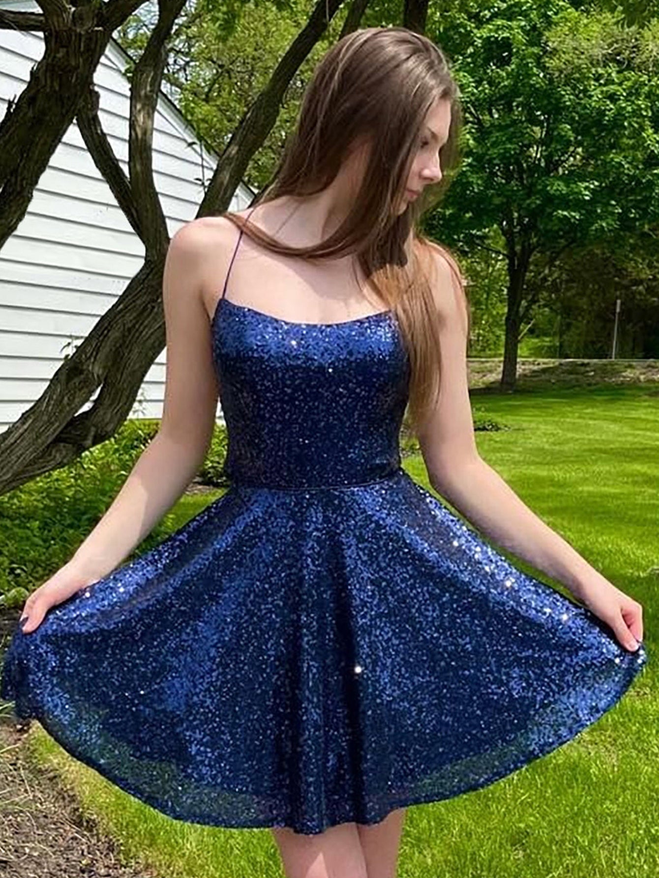 Sequins A Line Halter Blue Short Homecoming Dress - Fashionpara
