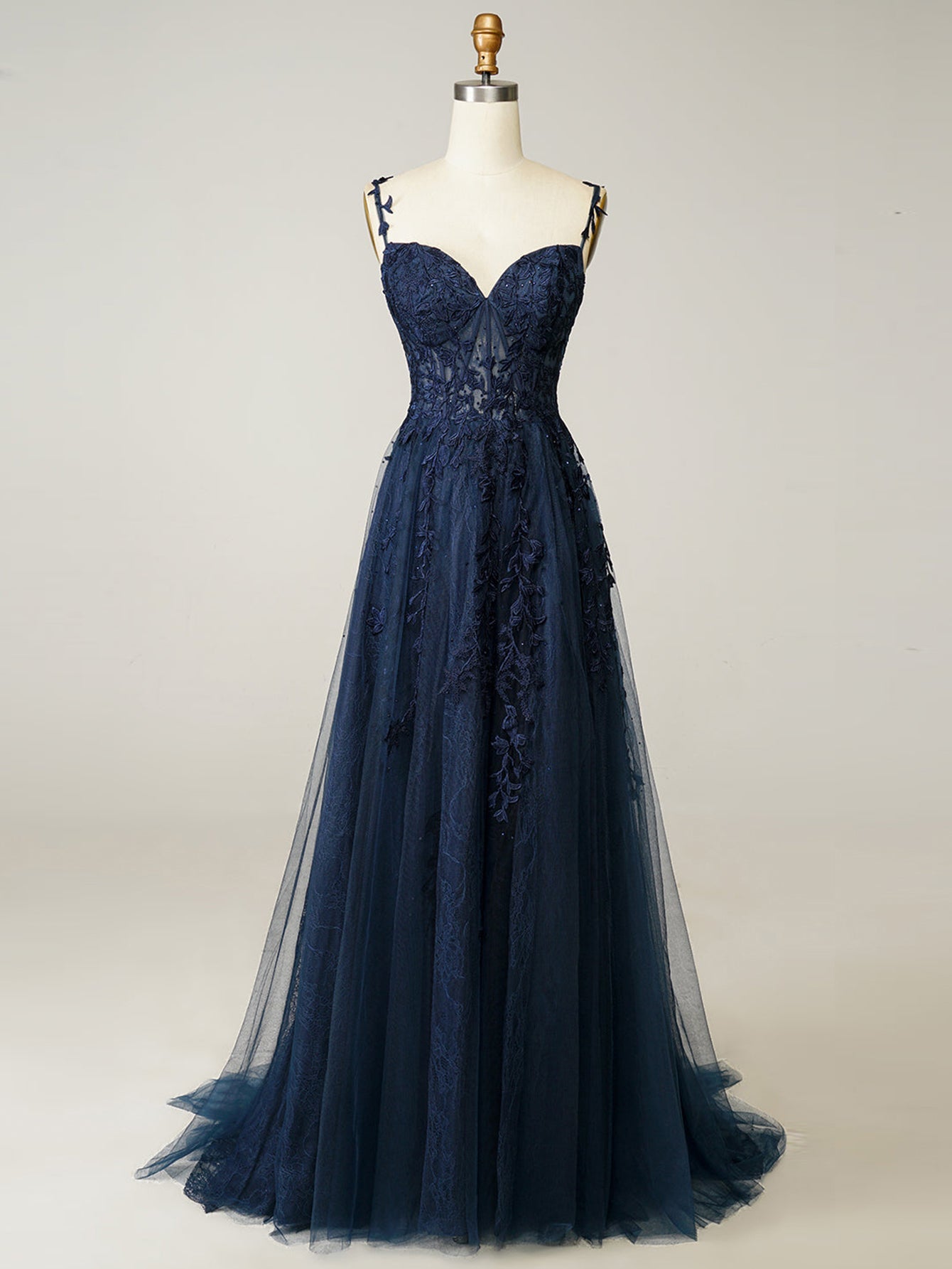 A Line Navy Straps Lace Long Prom Dress - Fashionpara